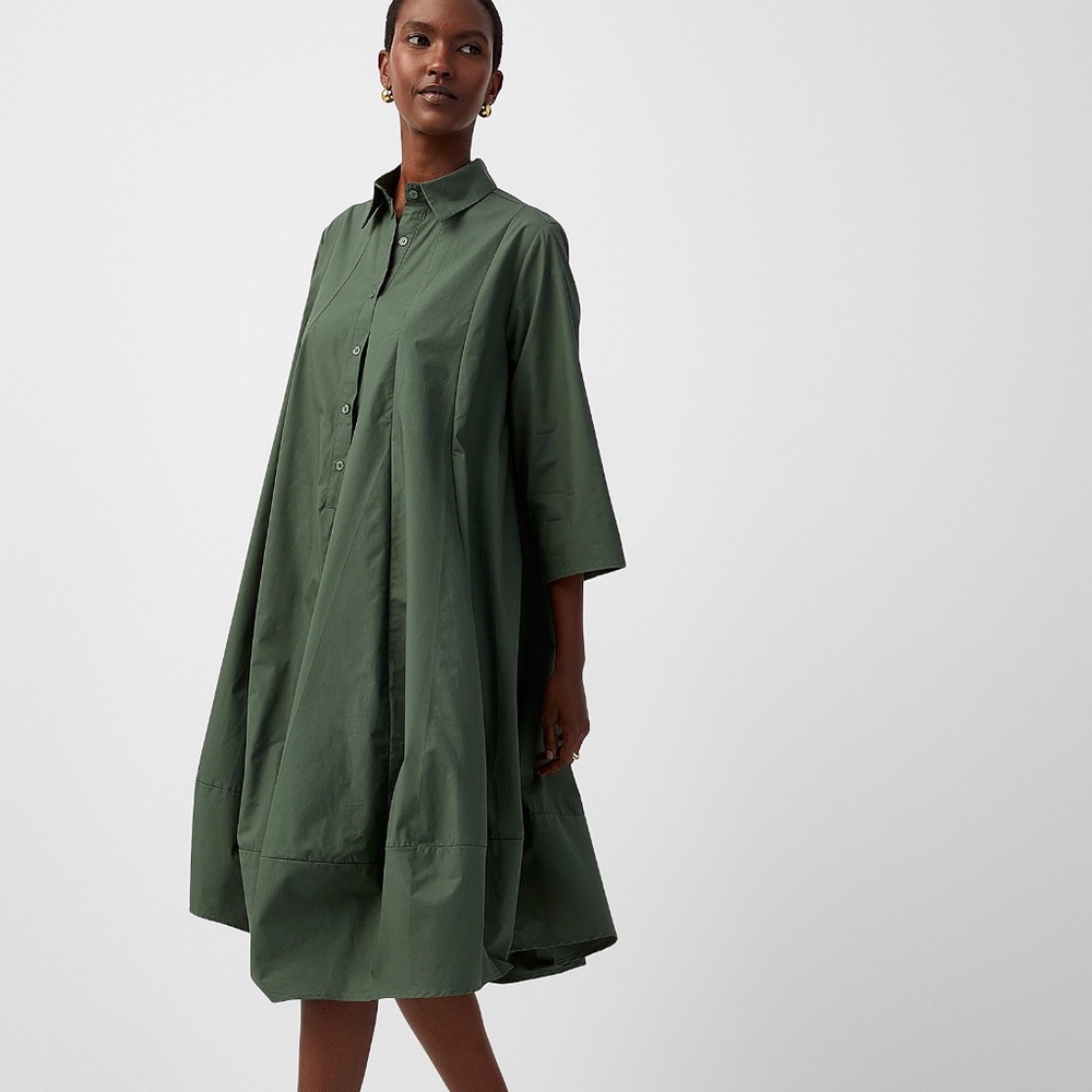 NWT Contemporaine Green Poplin O/S Trapeze Shirt Dress